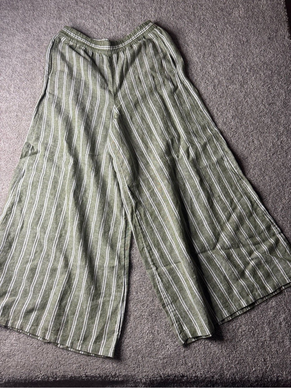 Lands' End Women's 100% Linen Wide Leg Palazzo Trousers Striped Green